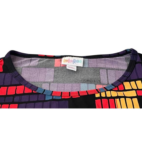 LULAROE SHORT SLV HI-LOW PULL-OVER RND NECK BLOUSE, WOMENS, M-YELL BLUE ORG PURP - Picture 2 of 11